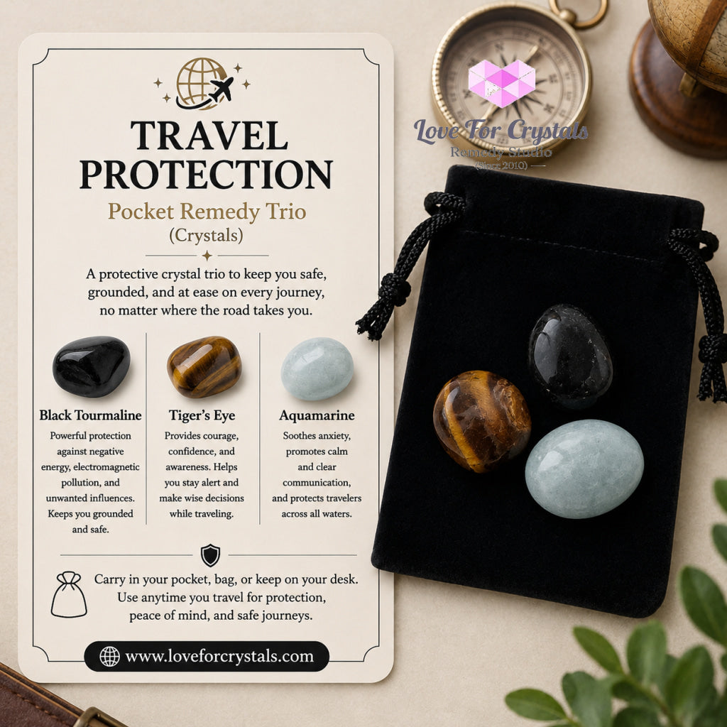 TRAVEL PROTECTION Pocket Remedy Crystal Trio Set (Black Tourmaline Tiger’s Eye Aquamarine) 15-20mm - Crystal sets