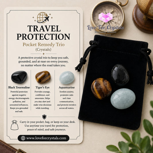 TRAVEL PROTECTION Pocket Remedy Crystal Trio Set (Black Tourmaline Tiger’s Eye Aquamarine) 15-20mm - Crystal sets
