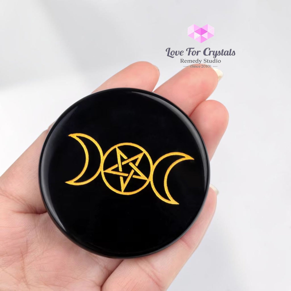 Triple Moon Black Obsidian Disc 50mm with Stand (Manifestation) - 50mm disc with stand - Obsidian