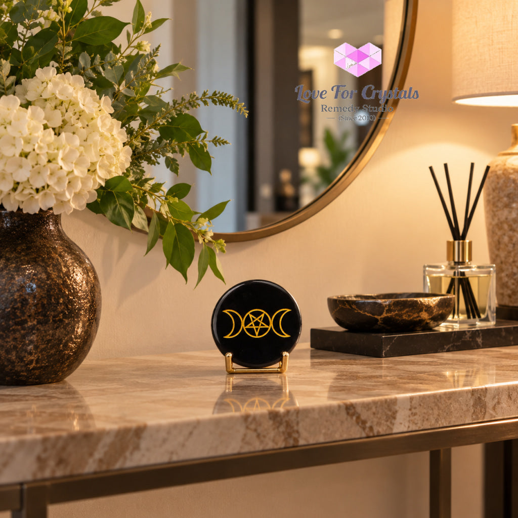 Triple Moon Black Obsidian Disc 50mm with Stand (Manifestation) - 50mm disc with stand - Obsidian