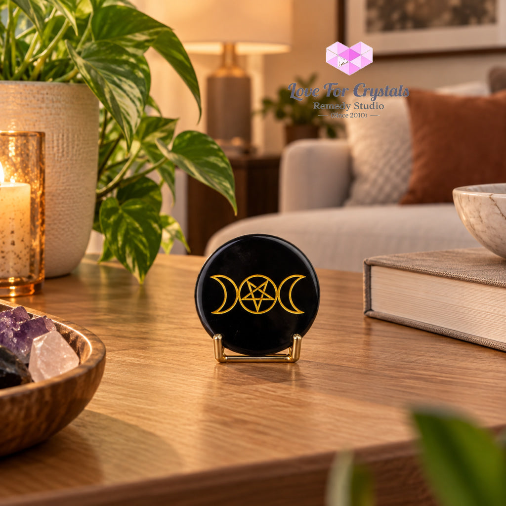 Triple Moon Black Obsidian Disc 50mm with Stand (Manifestation) - 50mm disc with stand - Obsidian