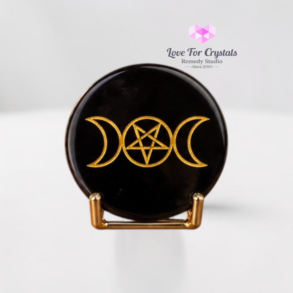 Triple Moon Black Obsidian Disc 50mm with Stand (Manifestation) - 50mm disc with stand - Obsidian