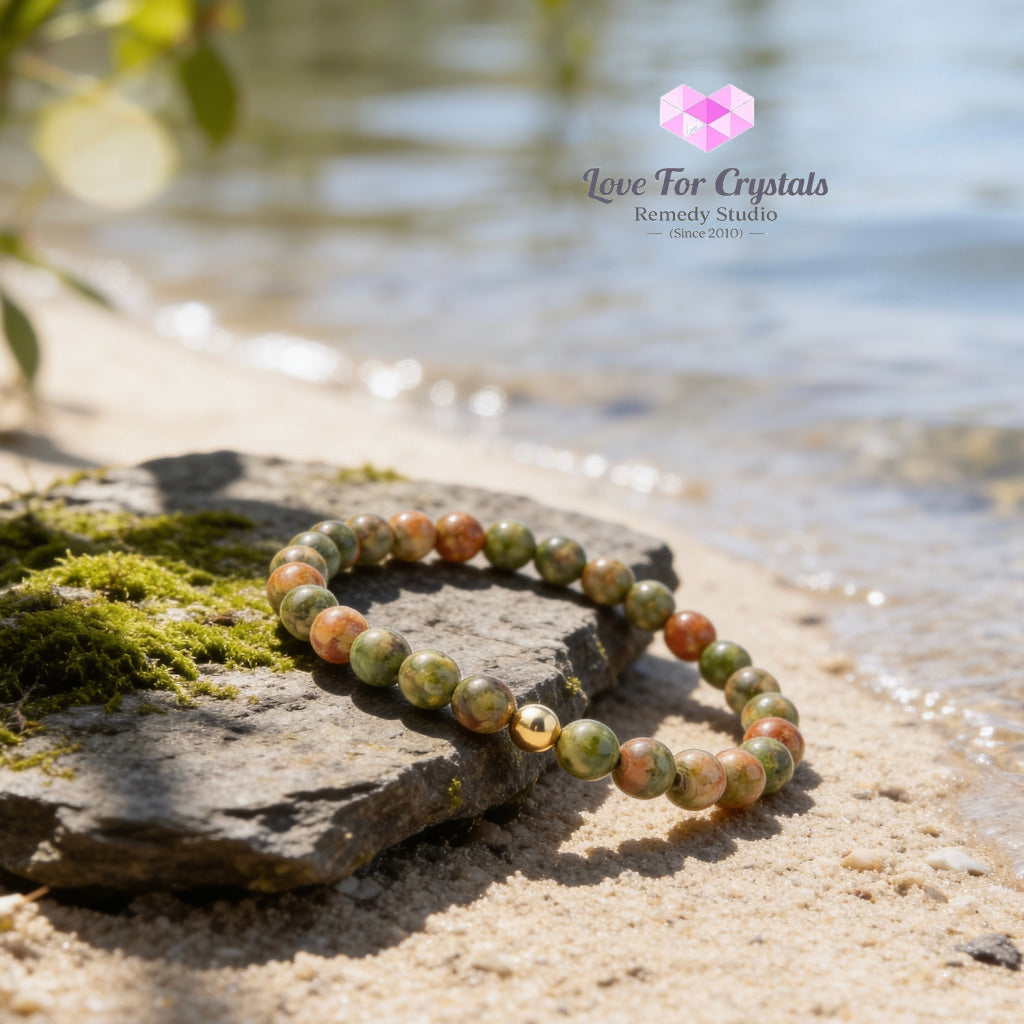 Unakite Emotional Reset 6mm Bracelet with 14k gold filled bead Bracelets & Bangles