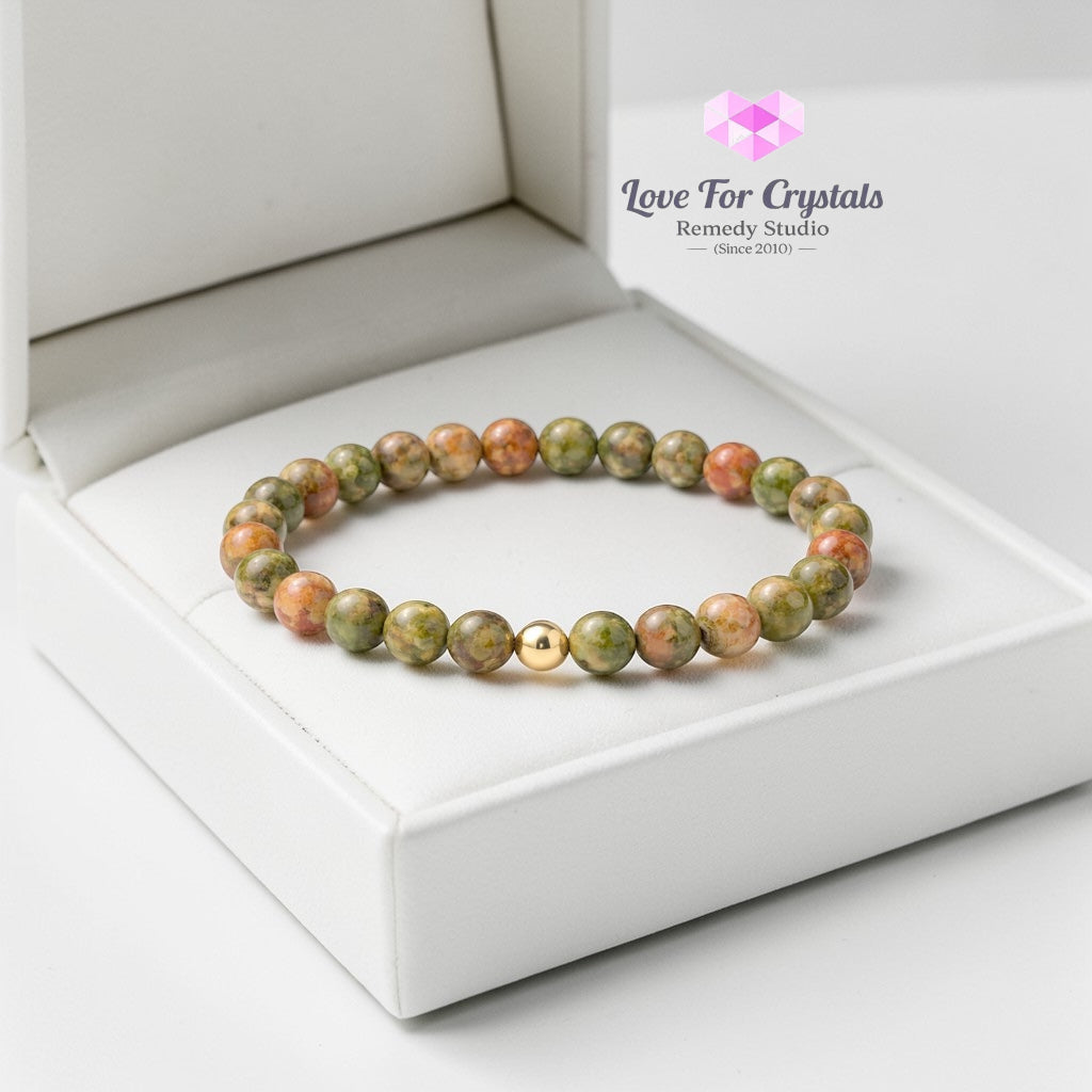 Unakite Emotional Reset 6mm Bracelet with 14k gold filled bead Bracelets & Bangles