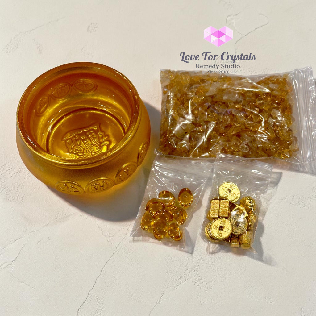 Wealth Activation Glass Bowl Set – 10cm (Rainbow Amber Golden) - Golden - Citrine