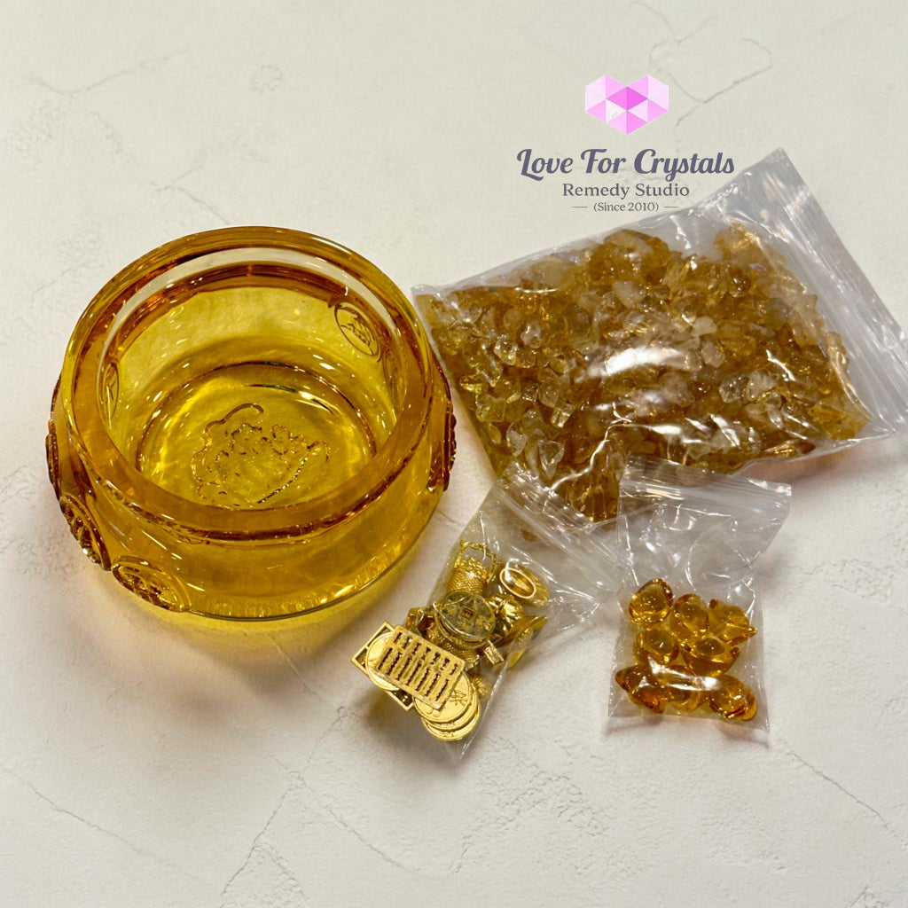Wealth Activation Glass Bowl Set – 10cm (Rainbow Amber Golden) - Amber Color - Citrine