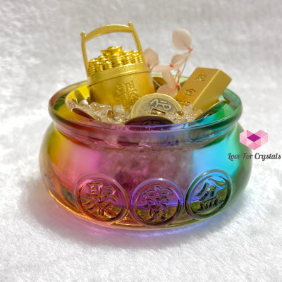 Wealth Activator Bowl Set (10Cm) With Citrine Chips Alloy Gold Bar Ingot Bucket & 9 Emperor Lucky