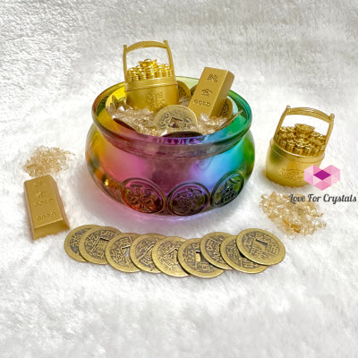 Wealth Activator Bowl Set (10Cm) With Citrine Chips Alloy Gold Bar Ingot Bucket & 9 Emperor Lucky