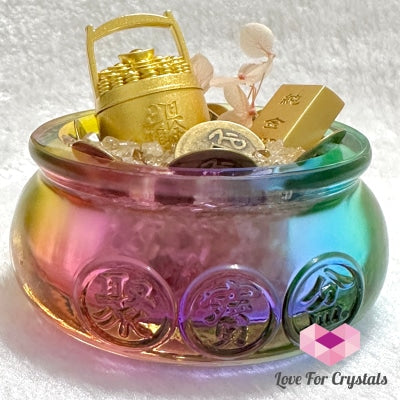 Wealth Activator Bowl Set (10Cm) With Citrine Chips Alloy Gold Bar Ingot Bucket & 9 Emperor Lucky