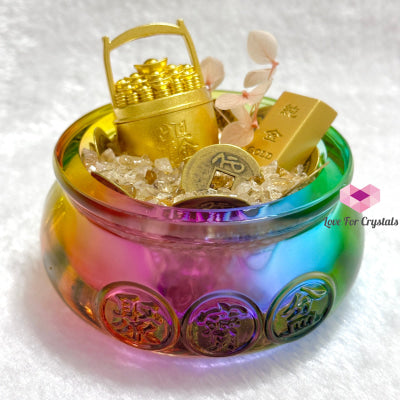 Wealth Activator Bowl Set (10Cm) With Citrine Chips Alloy Gold Bar Ingot Bucket & 9 Emperor Lucky