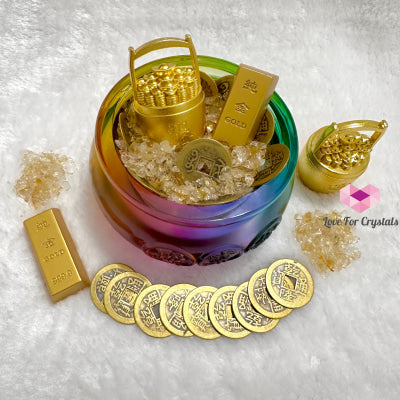 Wealth Activator Bowl Set (10Cm) With Citrine Chips Alloy Gold Bar Ingot Bucket & 9 Emperor Lucky
