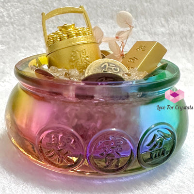 Wealth Activator Bowl Set (10Cm) With Citrine Chips Alloy Gold Bar Ingot Bucket & 9 Emperor Lucky