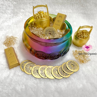 Wealth Activator Bowl Set (10Cm) With Citrine Chips Alloy Gold Bar Ingot Bucket & 9 Emperor Lucky