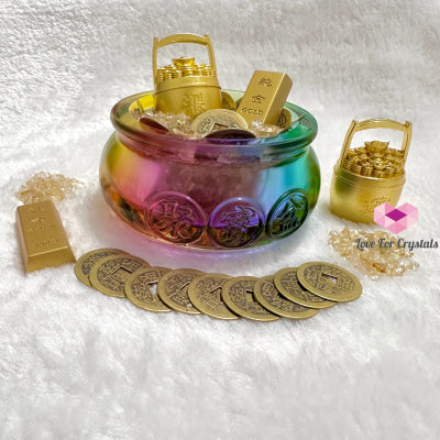 Wealth Activator Bowl Set (10Cm) With Citrine Chips Alloy Gold Bar Ingot Bucket & 9 Emperor Lucky