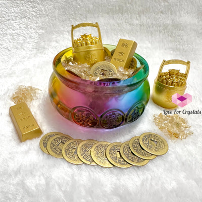 Wealth Activator Bowl Set (10Cm) With Citrine Chips Alloy Gold Bar Ingot Bucket & 9 Emperor Lucky