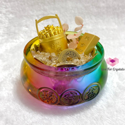 Wealth Activator Bowl Set (10Cm) With Citrine Chips Alloy Gold Bar Ingot Bucket & 9 Emperor Lucky