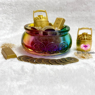 Wealth Activator Bowl Set (10Cm) With Citrine Chips Alloy Gold Bar Ingot Bucket & 9 Emperor Lucky