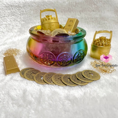 Wealth Activator Bowl Set (10Cm) With Citrine Chips Alloy Gold Bar Ingot Bucket & 9 Emperor Lucky