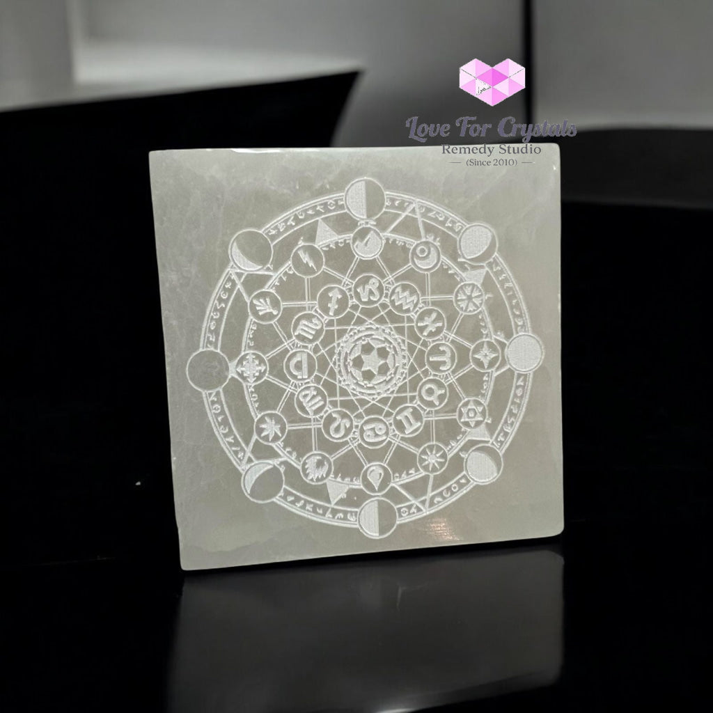 Zodiac Selenite Charging Square Plate 10cm (For Manifestation & Alignment) Pre-coded & Activated Zodiac Polished