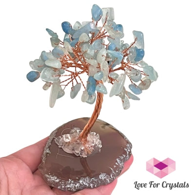 Aquamarine Relaxing Tree On Agate Slice Crystals