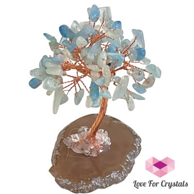 Aquamarine Relaxing Tree On Agate Slice Crystals