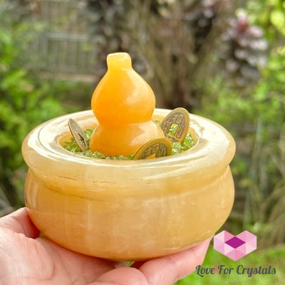 Attract Wealth Treasure Pot Golden Calcite With Free Citrine Tumbled Hulu & Coins 100Mm (With