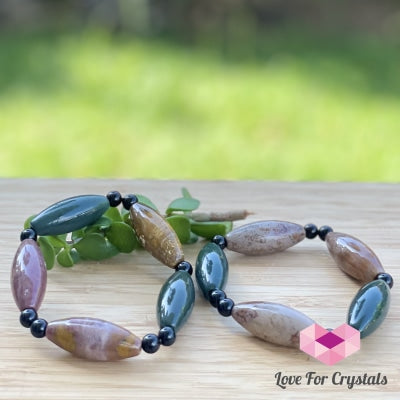 Bloodstone (Long Rice Shaped Beads) With Onyx Bracelet Bracelets