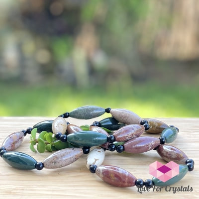 Bloodstone (Long Rice Shaped Beads) With Onyx Bracelet Bracelets